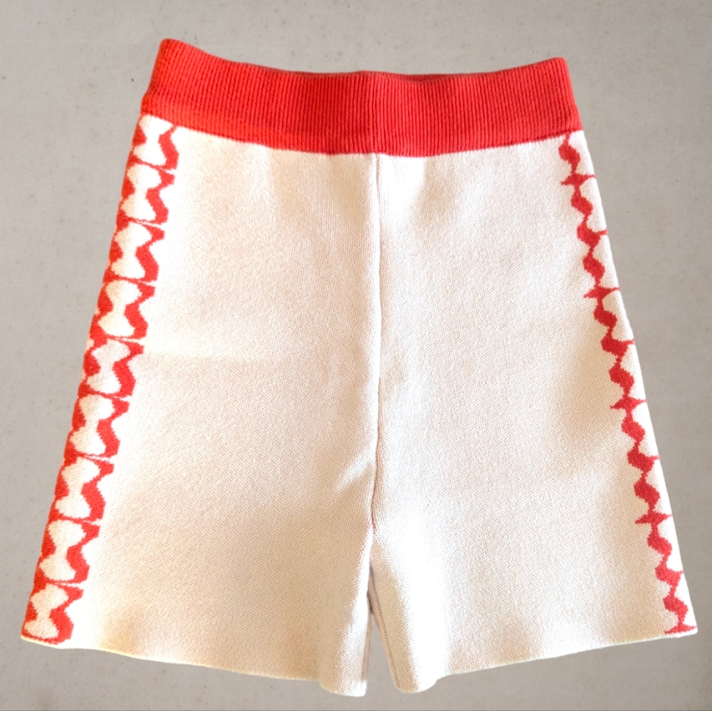 Women’s High-Waist Knit Shorts in White with Red Trim